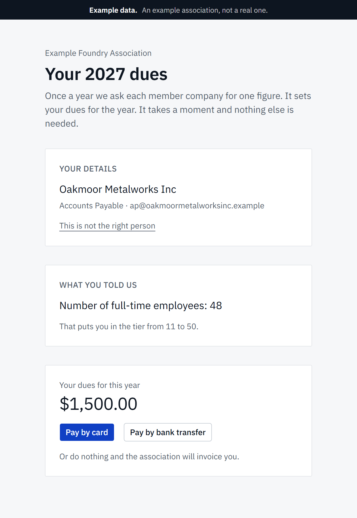 What a member sees: their details, the figure they gave, the tier it fell in, and the amount.